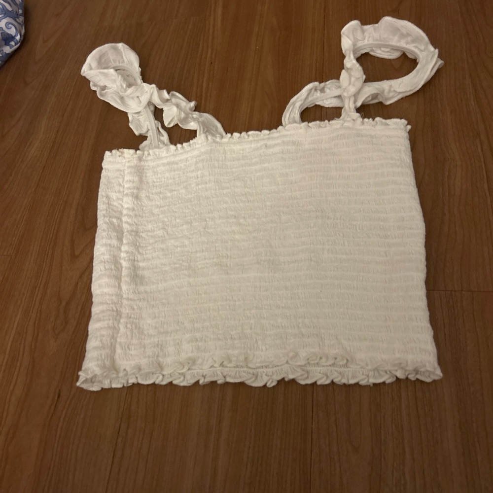 aerie White Smocked Tie-Strap Crop Top